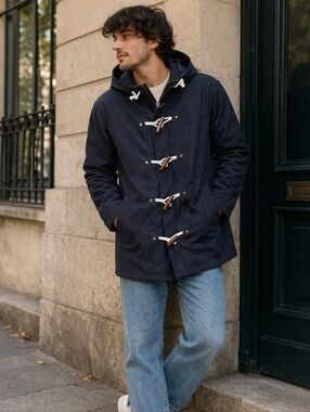 21men | Black Hooded Pea Coat with Toggle Closures, Size M